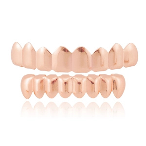Hip hop style 18K rose gold plated grillz set for top and bottom teeth with smooth finish