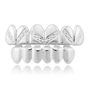 Set di grillz per denti hip hop in argento lucido con trama intrecciata e specchio