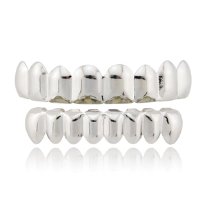 Polished silver hip hop grillz set for upper and lower teeth with sharp canine design