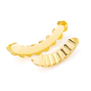 Detailed view of 18K gold plated hip hop grillz set with clear silicone fixing bars