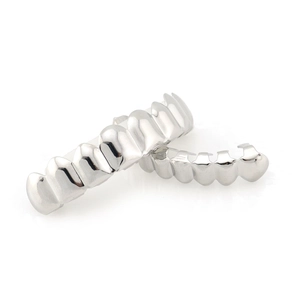 Polished silver metal hip hop grillz set for top and bottom teeth with a mirror finish