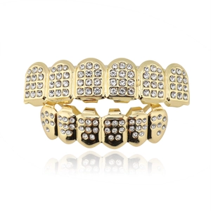 Hip hop gold plated iced out grillz set with sparkling white zircon stones for teeth
