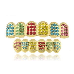 Hip Hop Colorful Rhinestone Teeth Grills Gold Plated Copper Multicolor Rhinestone Grills For Men Women Costume Jewelry