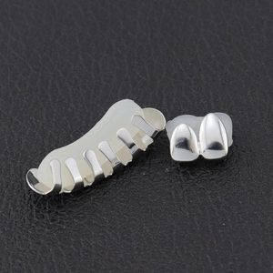 Hip hop silver plated teeth grillz set with top and bottom rows on black leather