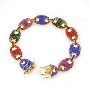 Bracelet à maillons grain de café doré avec strass colorés et fermoir sécurisé