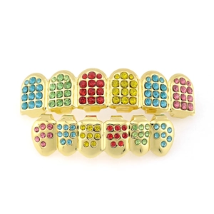 Iced out colorful gold plated hip hop teeth grills with vibrant multicolored rhinestones