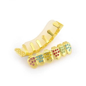Iced out hip hop teeth grills set with colorful rhinestones on gold plated metal
