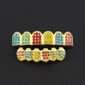 Hip hop gold plated colorful rhinestone teeth grills set for upper and lower teeth