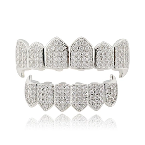 Hip Hop Grillz Set Iced Out Rhinestone Teeth Caps Gold Silver Plated Copper Dental Jewelry For Men Women Party Accessory