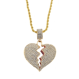 Hip hop iced out broken heart pendant with crystals on gold rope chain for men and women