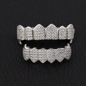 Hip hop silver plated iced out grillz set with micro paved zircon stones on black leather