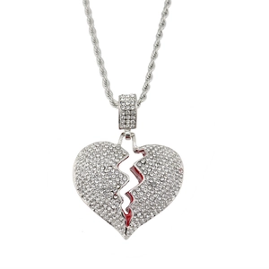 Iced out broken heart pendant necklace in silver with red enamel and rope chain for hip hop