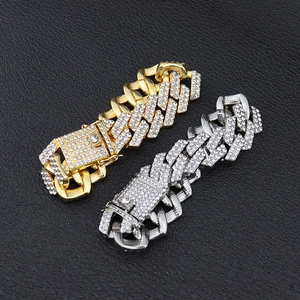 Bracciali Cuban Link da 20mm stile hip hop in oro e argento con strass lucidi incastonati