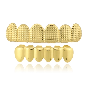Hip Hop Koperen Tanden Grillz Getextureerde Raster Ontwerp Vergulde Tand Juwelen Voor Mannen Vrouwen Feest Boven Onder Tand Cover