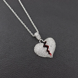 Hip hop iced out broken heart pendant necklace with red crack and silver rope chain
