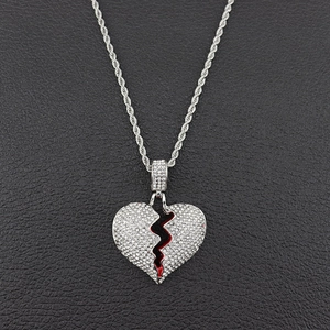 Hip hop iced out broken heart pendant necklace with red crack and rope chain