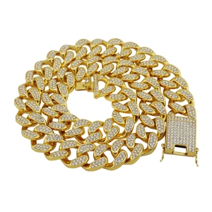 20mm wide gold plated iced out Cuban link chain necklace for men with sparkling rhinestones