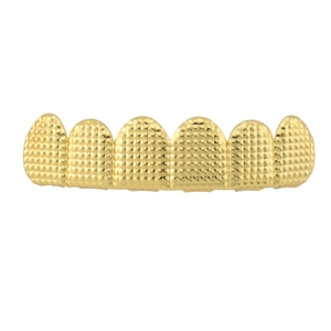 Gold-plated hip hop grillz featuring a textured lattice pattern for six teeth