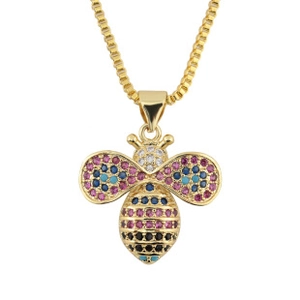 Detailed view of bee pendant with colorful cubic zirconia in gold plating