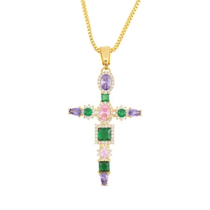Detailed close-up of a gold-plated cross pendant with vibrant multi-colored zircons