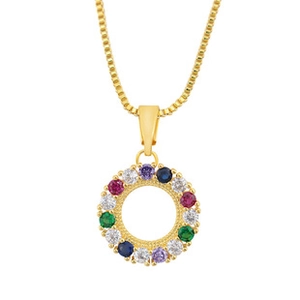 Close-up of gold-plated circular hollow pendant with colorful zircon stones on box chain