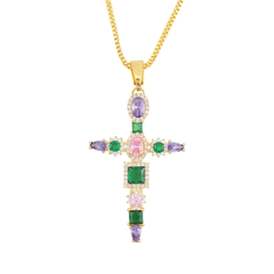 Luxurious Copper Multi Color Zirconia Cross Pendant Necklace Micro Pave Colorful Gemstone Hip Hop Jewelry For Women Men Gift