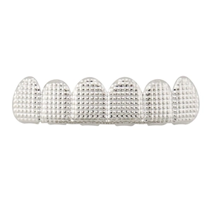 Silver hip hop grillz featuring six-tooth row design and textured checkered pattern
