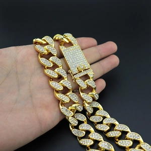Men's 20mm thick gold plated iced out Cuban chain necklace with sparkling rhinestones