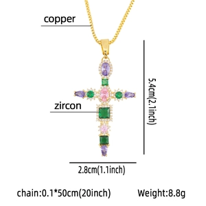 Hip hop copper cross necklace with multi-colored cubic zirconia and gold plated finish