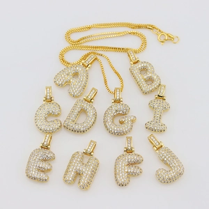 Iced out gold A-J letter pendants with cubic zirconia on a box chain for men and women