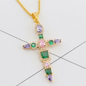 Iced out gold plated cross pendant necklace with colorful micro-paved cubic zirconia stones