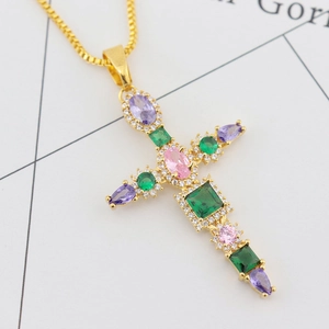 Hip hop gold plated cross necklace with multicolored stones and white micro zircons