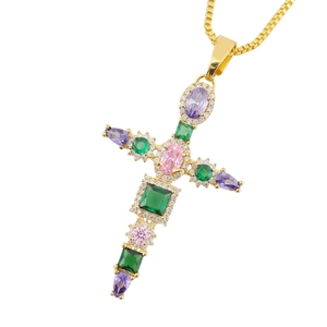Luxurious gold-plated copper cross necklace with colorful zircon gemstones and diamonds
