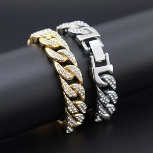 Bracelets à maillons cubains de 14mm en or et argent avec des strass sertis pour le hiphop