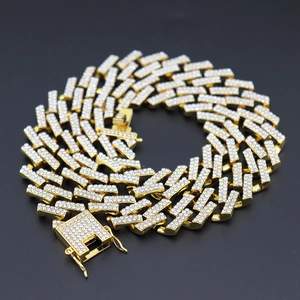 Men's 15mm gold-plated iced-out Cuban link chain with sparkling pavé-set clear diamonds
