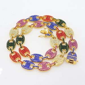 12mm gouden hiphop koffieboon schakelketting met kleurrijke strass steentjes