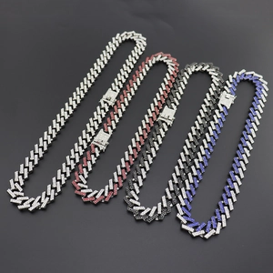 Detail of 15mm Miami Cuban link necklaces with colorful rhinestones in four vibrant colors