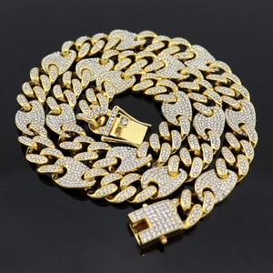 Lussuosa collana a catena cubana placcata in oro per uomo con strass scintillanti