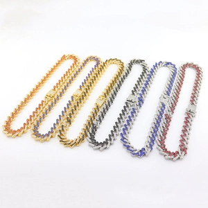 Iced out 15mm Miami Cuban link chain necklaces with colorful rhinestones in gold and silver