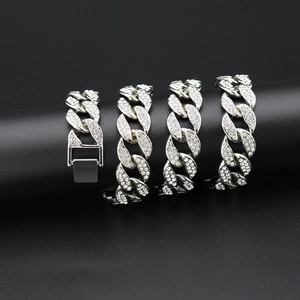 Collier Bracelet Maille Cubaine Miami Hip Hop Iced Out Strass Or Argent Alliage Bijoux de Mode pour Hommes Femmes