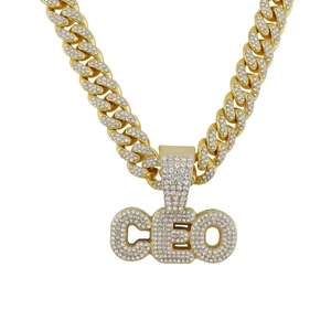 Hip hop gold plated Cuban chain necklace featuring large iced out CEO letter pendant