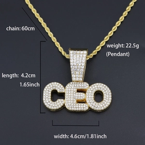 Detail view of iced-out gold CEO pendant with rope chain dimensions and weight details