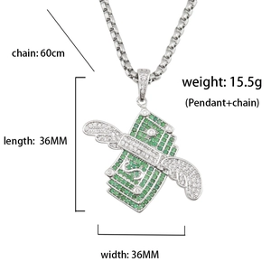 Détails du pendentif dollar ailé avec dimensions 36mm et chaîne box de 60cm de long