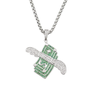 Collier hiphop avec pendentif liasse de billets ailée et zircons verts et blancs