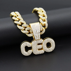 Hip Hop CEO Letter Pendant Necklace Iced Out Alloy Rhinestone Cuban Rope Chain Gold Silver Streetwear Men Women Jewelry