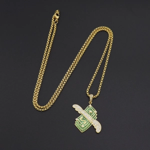 Collier pendentif ailes dollar hiphop avec zircons cubiques verts et blancs sertis