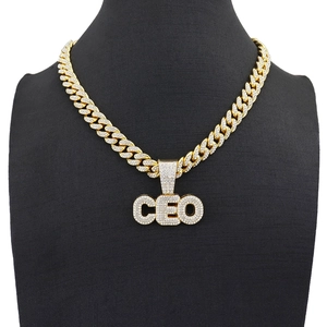 Iced-out gold Cuban link necklace with large sparkling CEO letter pendant for men