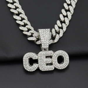 Hip hop silver CEO letter pendant necklace with iced out cubic zirconia on Cuban chain
