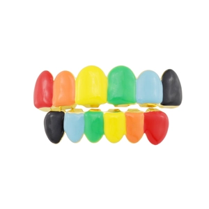 Vibrant rainbow colored hip hop teeth grills set with high quality gold plating base