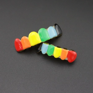 Hip hop rainbow enamel gold plated teeth grillz set with colorful drip oil finish